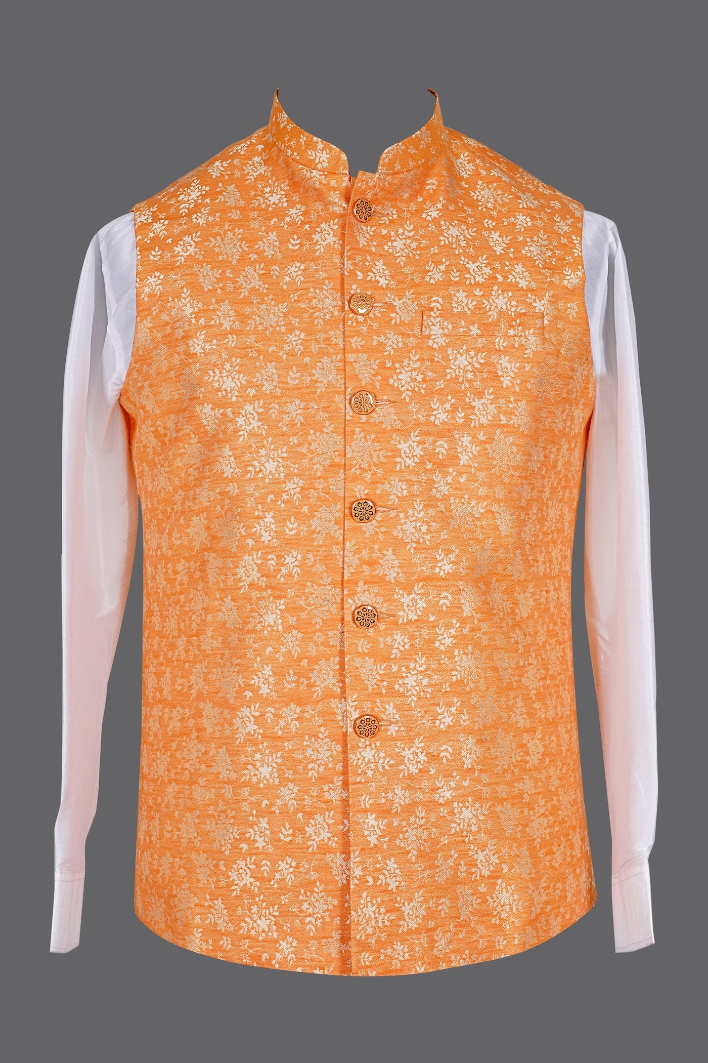 Orange Gold Floral Brocade Nehru Jacket for Men | Wedding Modi Waistcoat