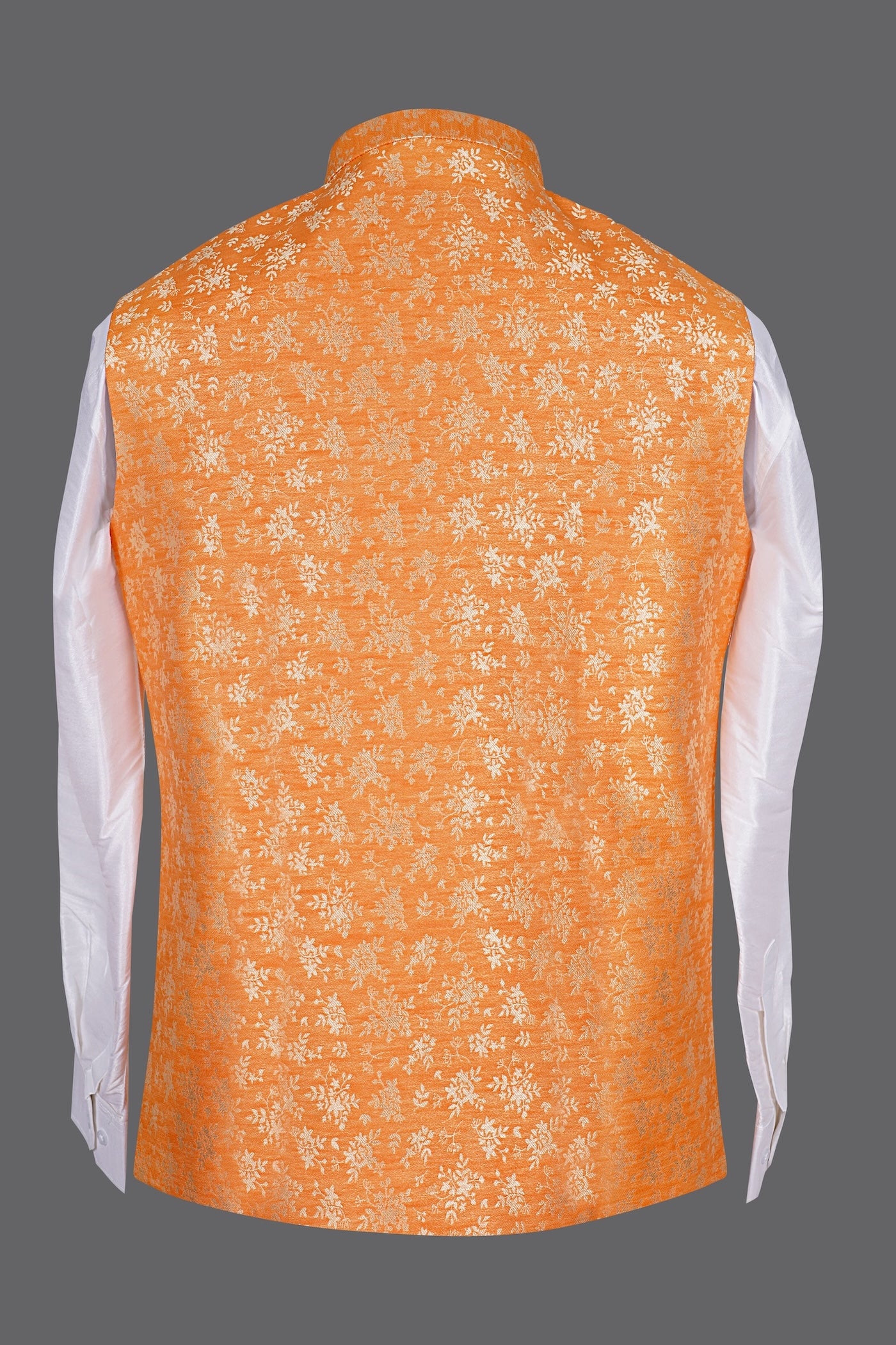 Orange Gold Floral Brocade Nehru Jacket for Men | Wedding Modi Waistcoat