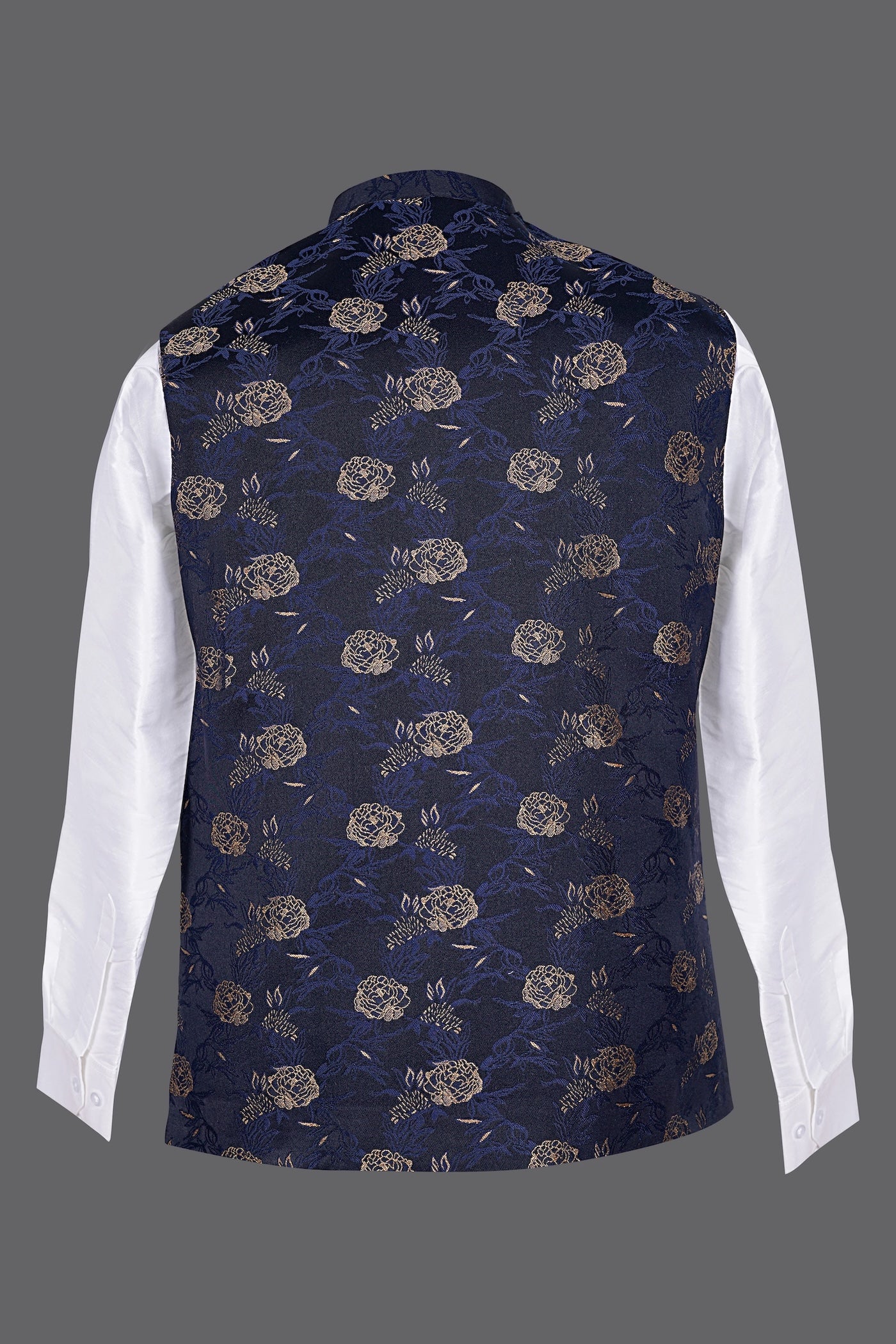 Navy Blue Gold Floral Brocade Nehru Jacket for Men | Wedding Modi Waistcoat