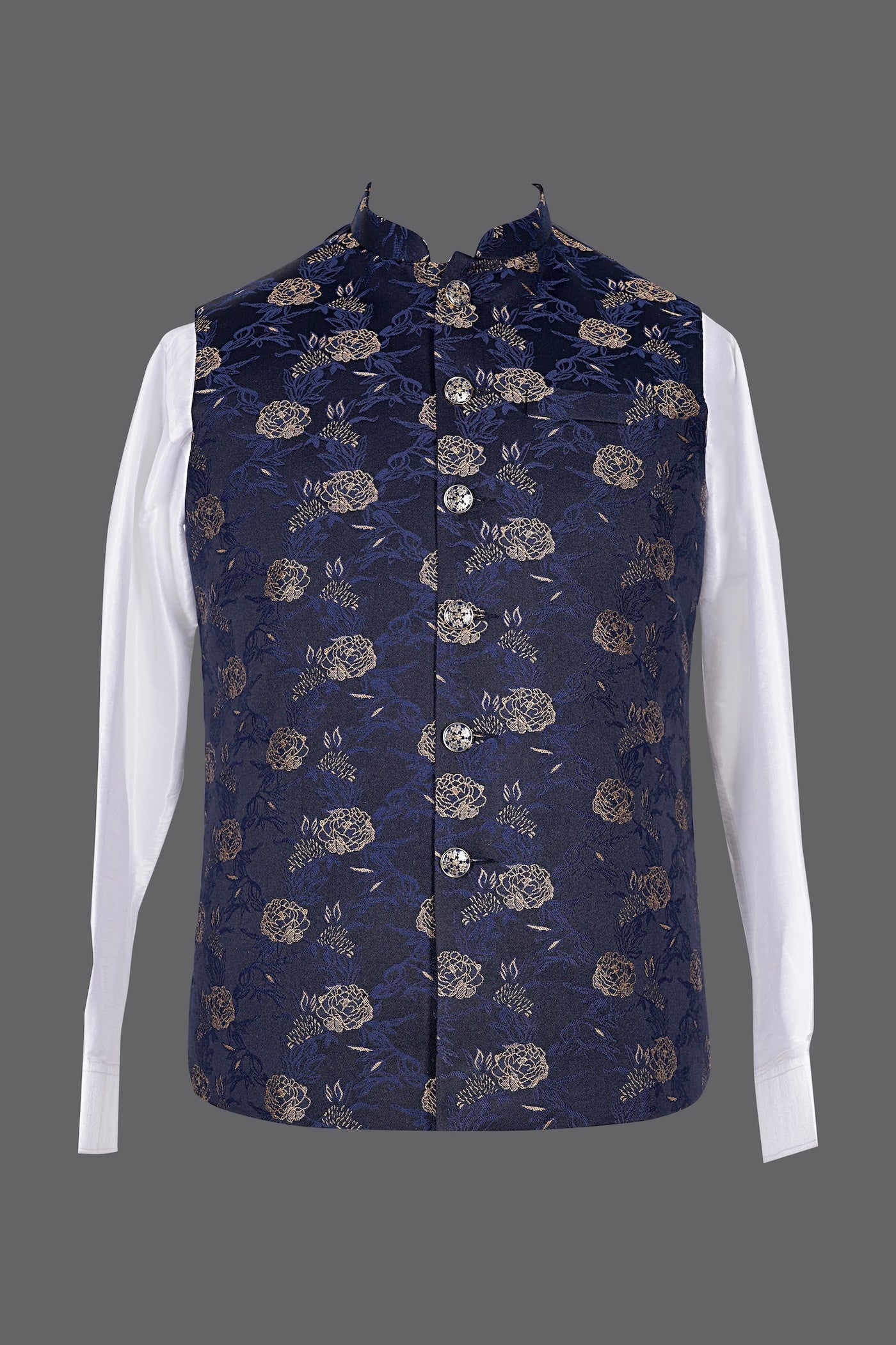 Navy Blue Gold Floral Brocade Nehru Jacket for Men | Wedding Modi Waistcoat