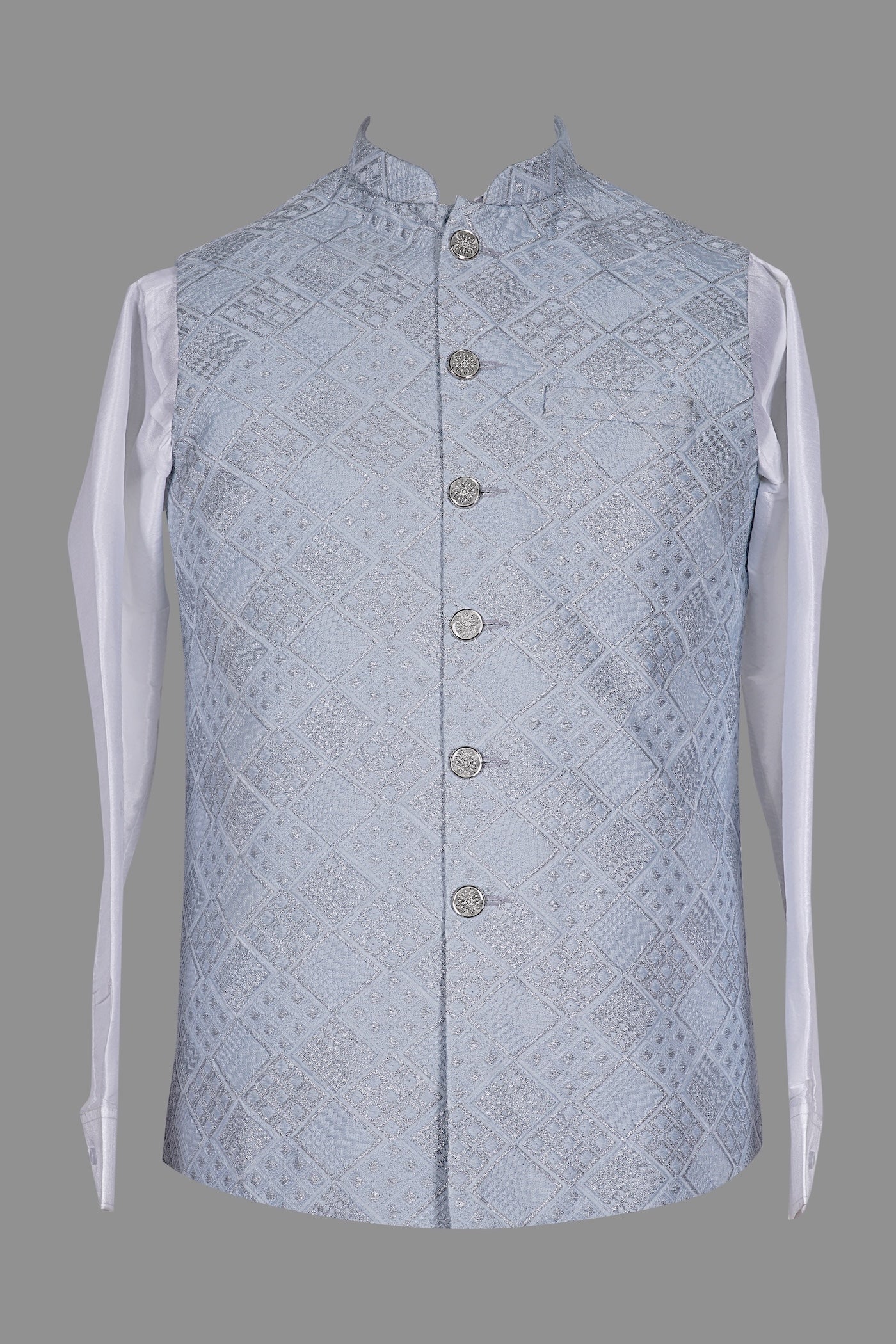 Sky Blue Embroidered Nehru Jacket for Men | Silk Brocade Ethnic Wear
