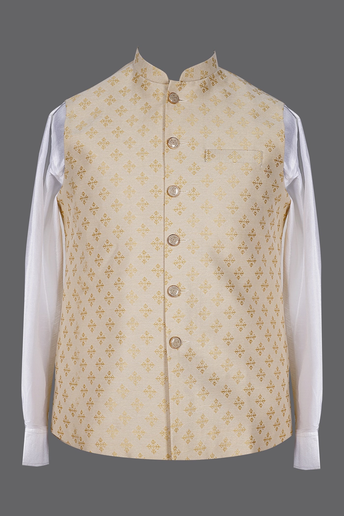 Men's Cream Gold Embroidered Nehru Jacket | Wedding Waistcoat