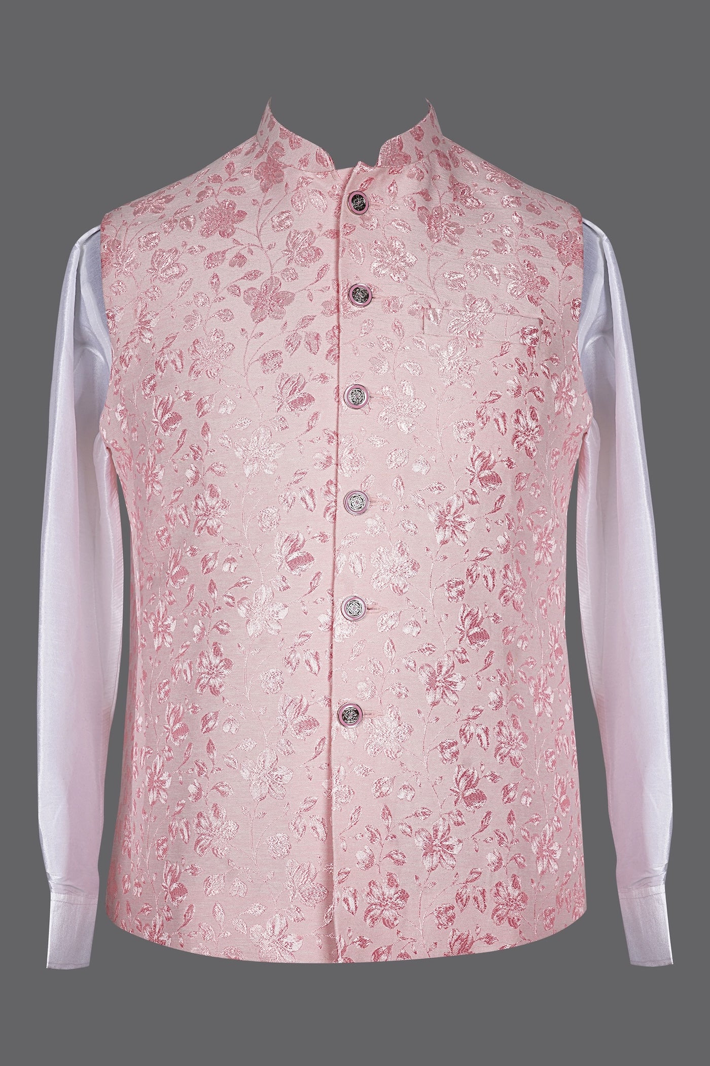 Men's Light Pink Floral Nehru Jacket | Brocade Wedding Waistcoat