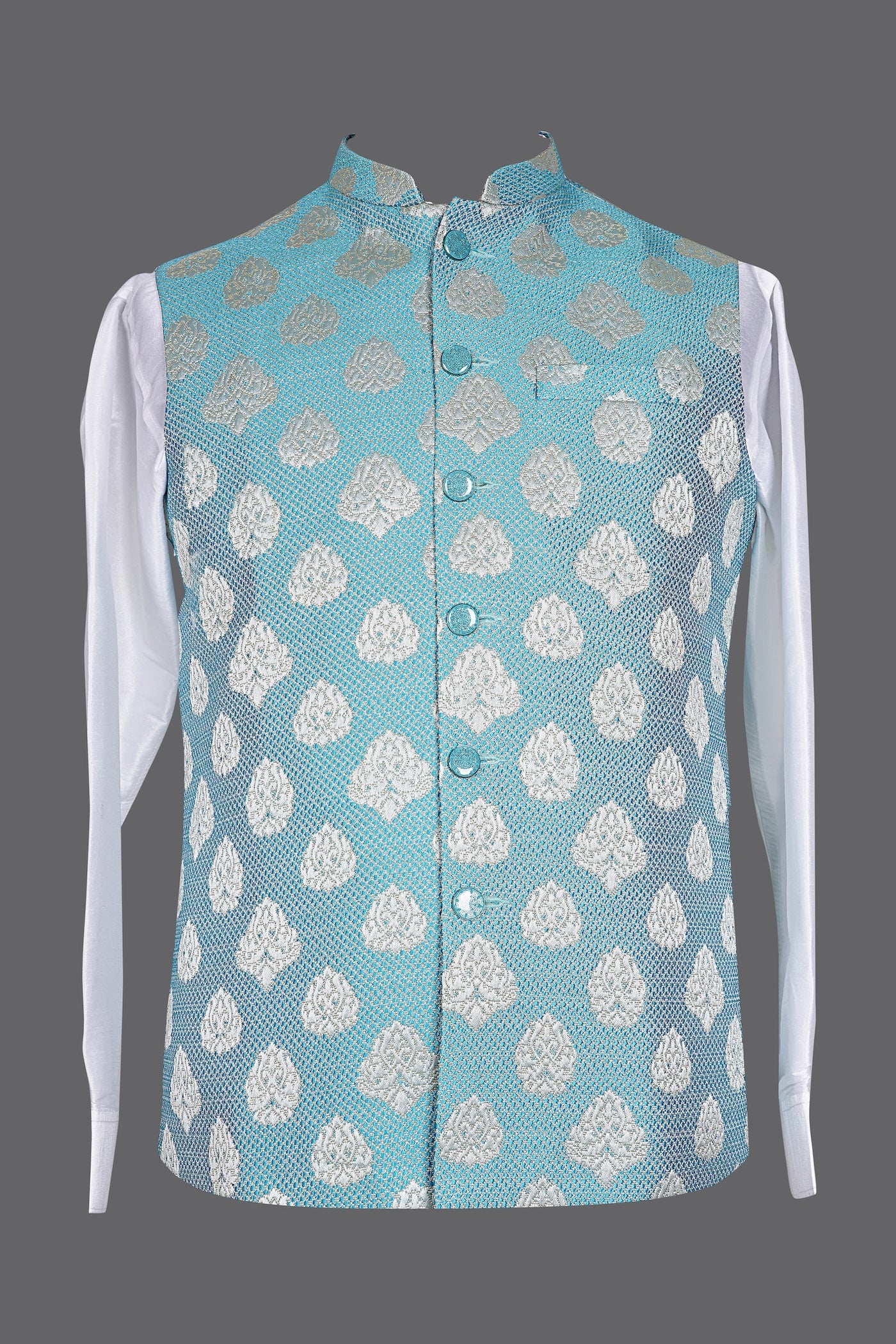 Men's Turquoise Blue Brocade Nehru Jacket | Wedding Ethnic Vest