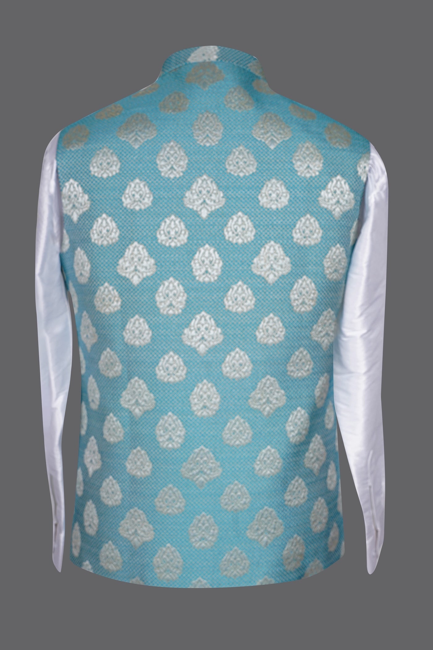 Men's Turquoise Blue Brocade Nehru Jacket | Wedding Ethnic Vest