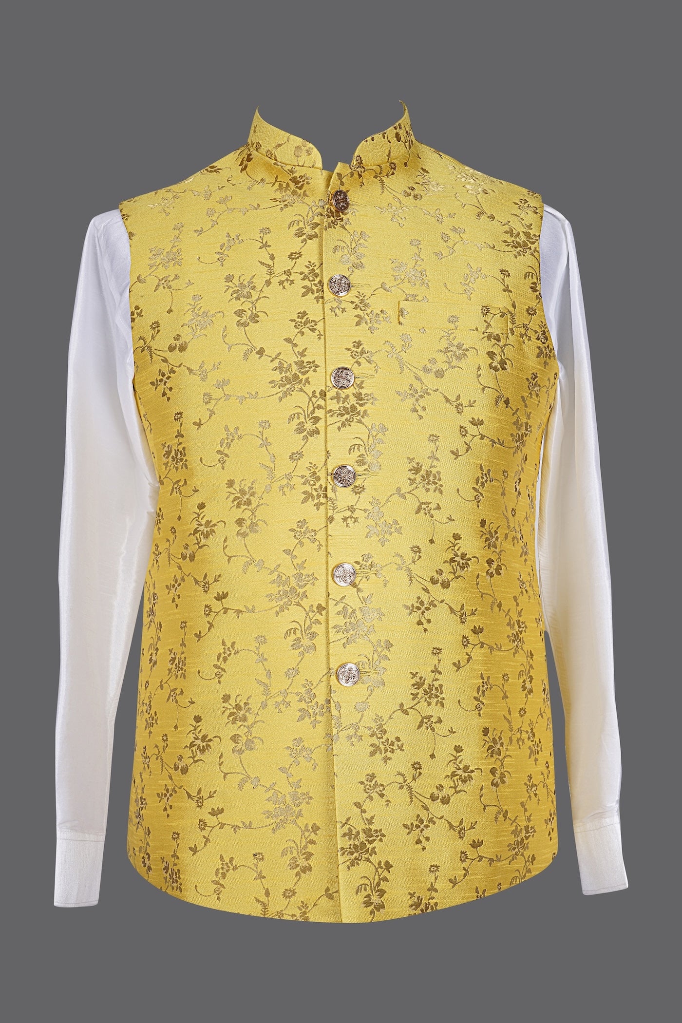 Men's Yellow Gold Floral Nehru Jacket | Brocade Wedding Waistcoat