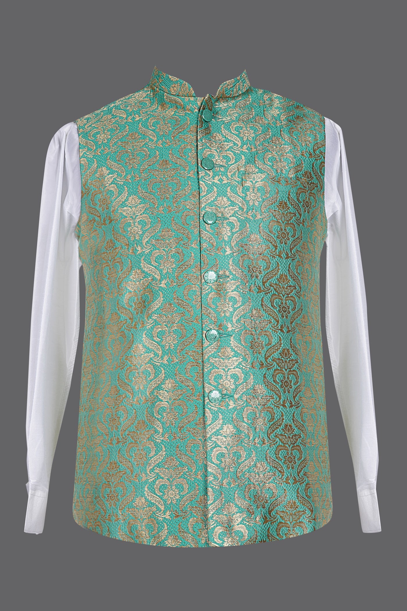 Men's Turquoise Gold Brocade Nehru Jacket | Wedding Ethnic Vest