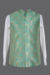 Men's Turquoise Gold Brocade Nehru Jacket | Wedding Ethnic Vest
