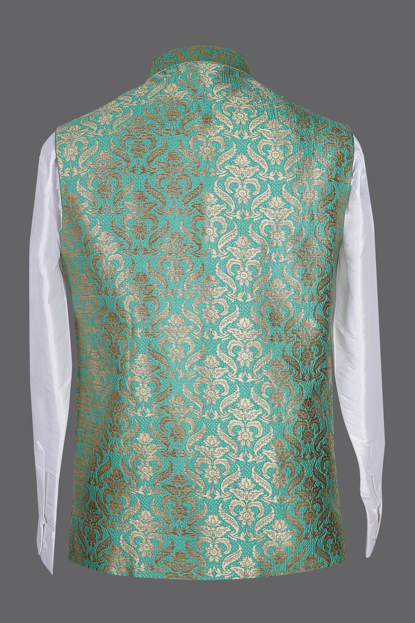 Men's Turquoise Gold Brocade Nehru Jacket | Wedding Ethnic Vest