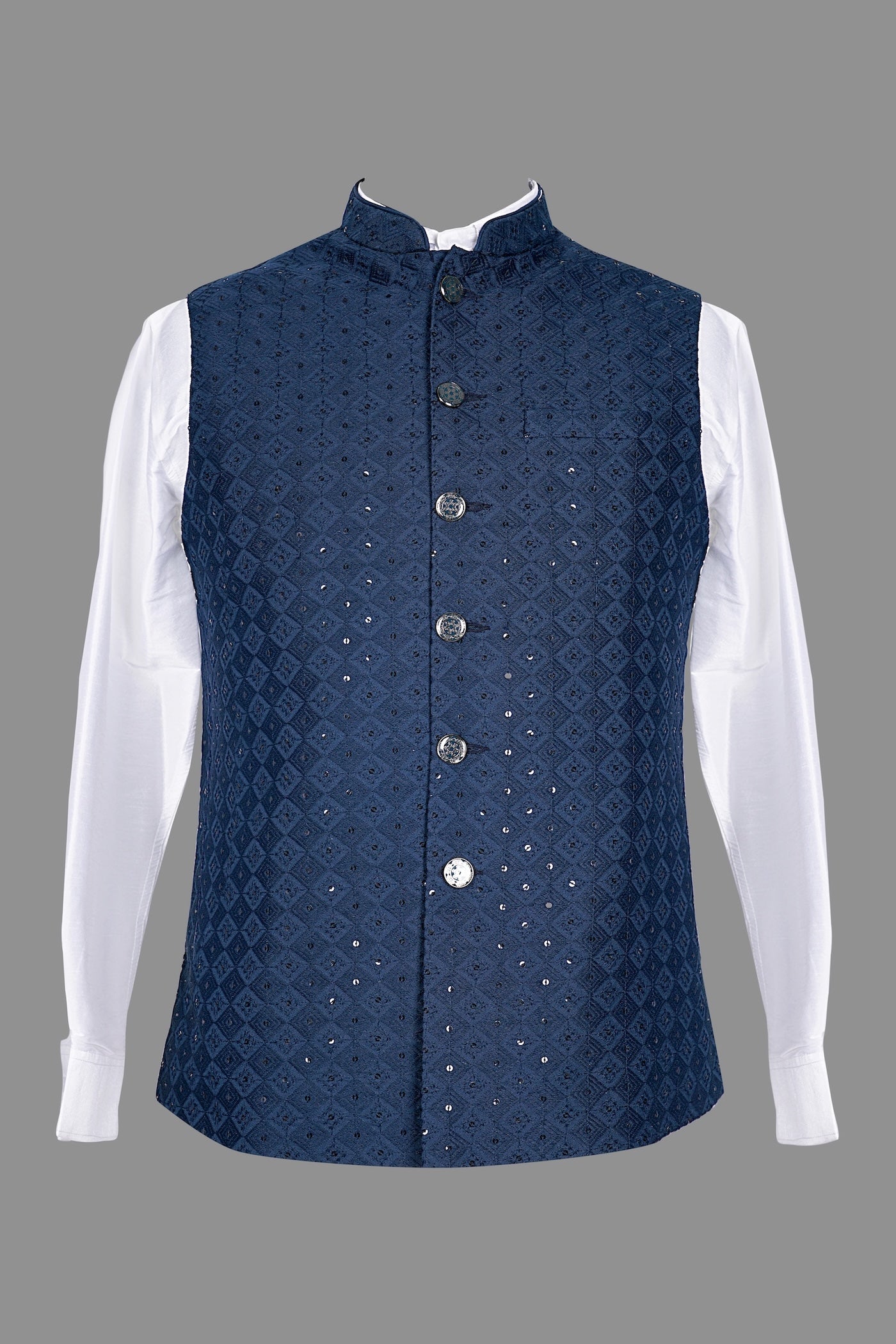 Men's Navy Blue Sequin Embroidered Nehru Jacket | Wedding Waistcoat