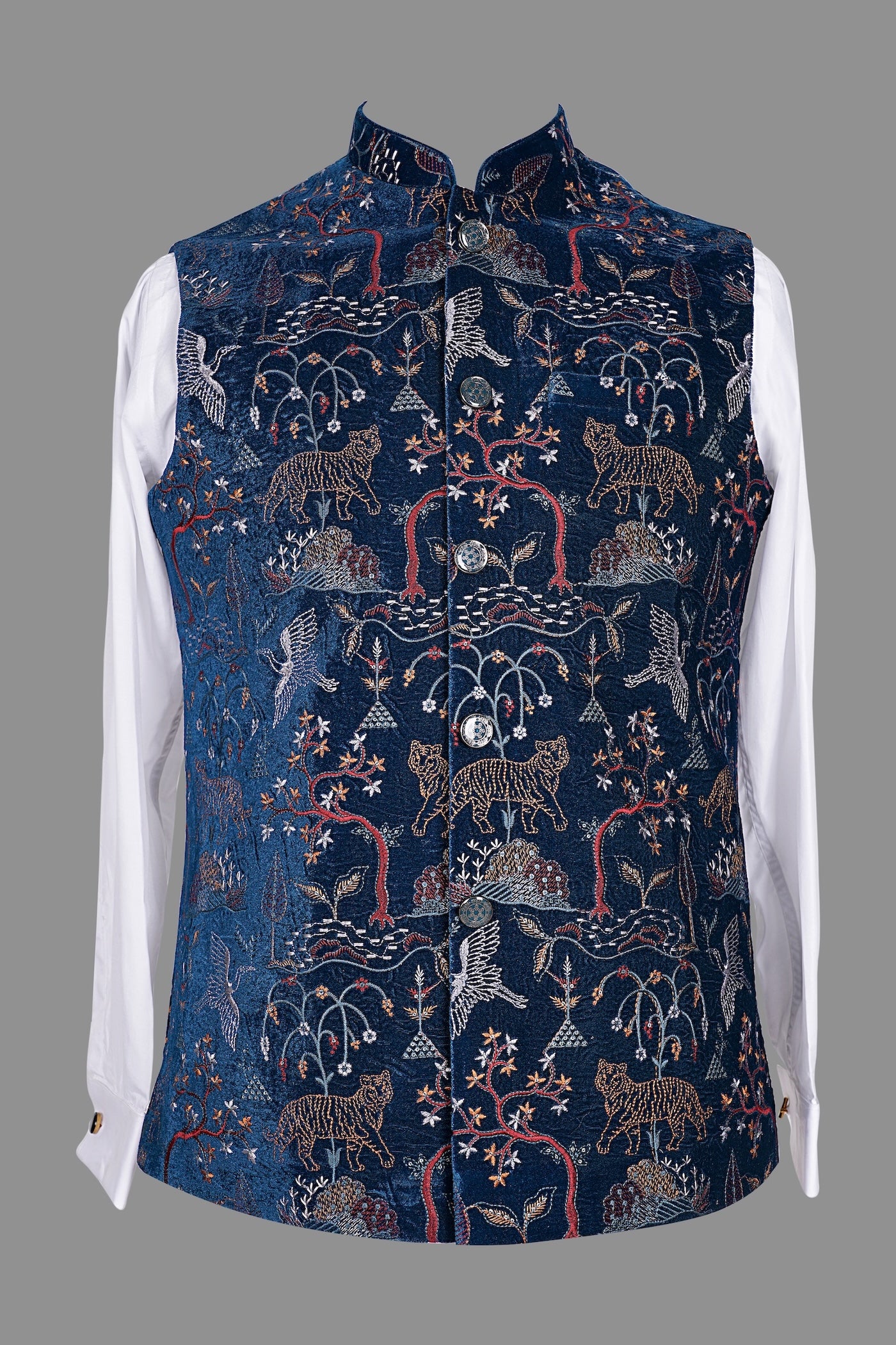 Men's Navy Blue Embroidered Tiger Nehru Jacket | Wedding Ethnic Vest