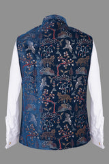 Men's Navy Blue Embroidered Tiger Nehru Jacket | Wedding Ethnic Vest