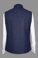 Men's Deep Navy Embroidered Sequin Nehru Jacket | Festive Vest