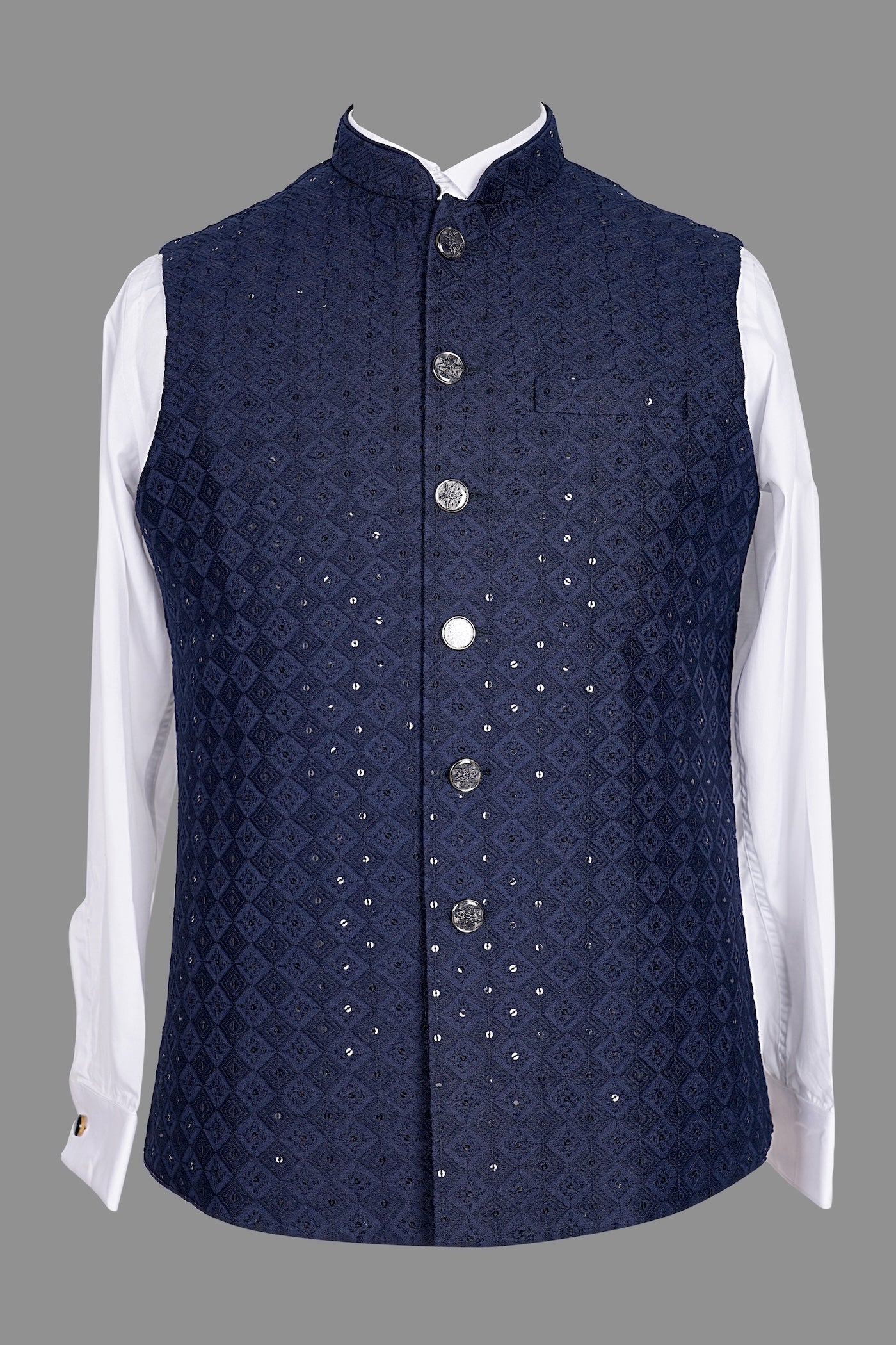 Men's Deep Navy Embroidered Sequin Nehru Jacket | Festive Vest