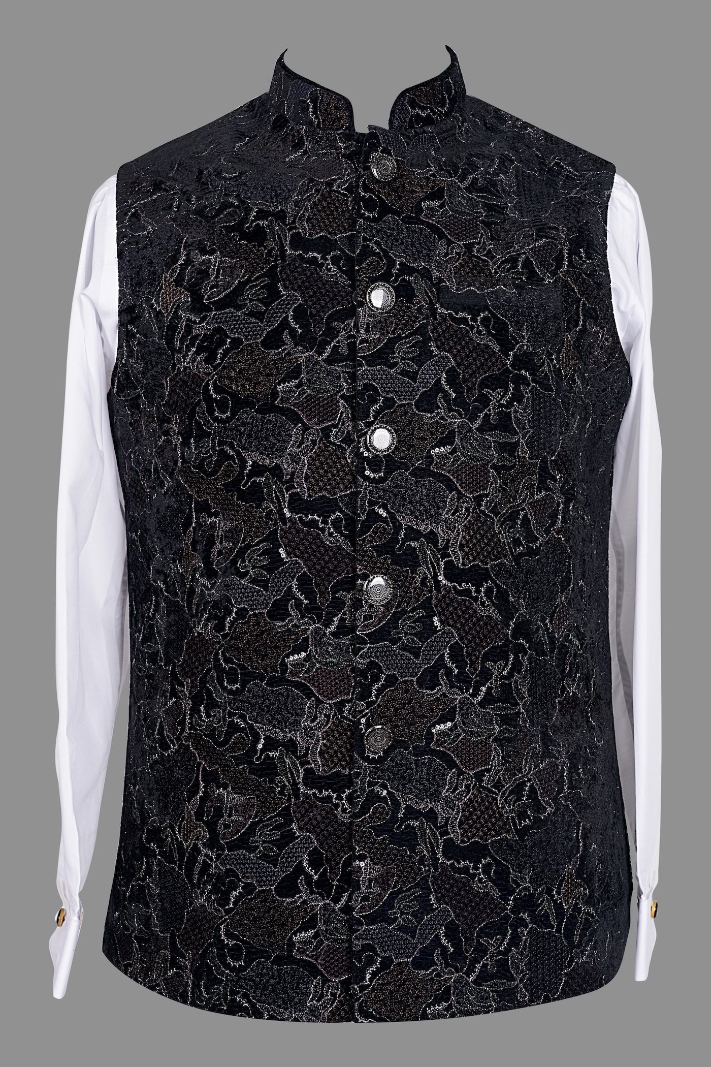 Men's Black Floral Sequin Nehru Jacket | Wedding Ethnic Vest