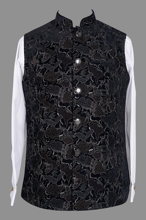 Men's Black Floral Sequin Nehru Jacket | Wedding Ethnic Vest