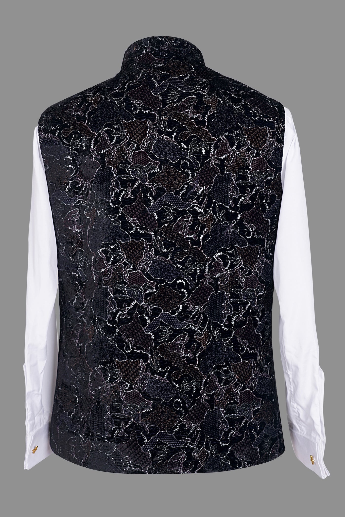 Men's Black Floral Sequin Nehru Jacket | Wedding Ethnic Vest
