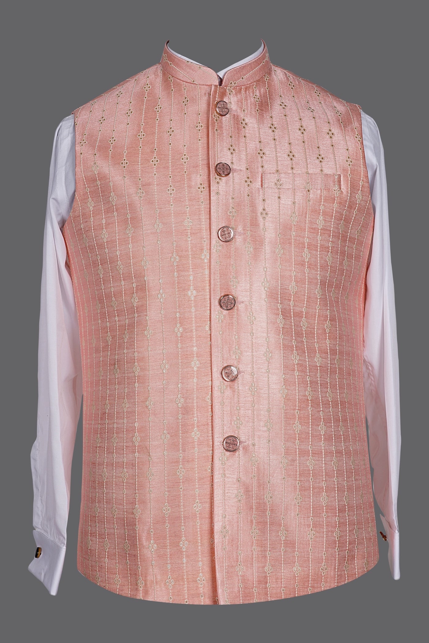 Men's Peach Pink Embroidered Nehru Jacket | Wedding Waistcoat