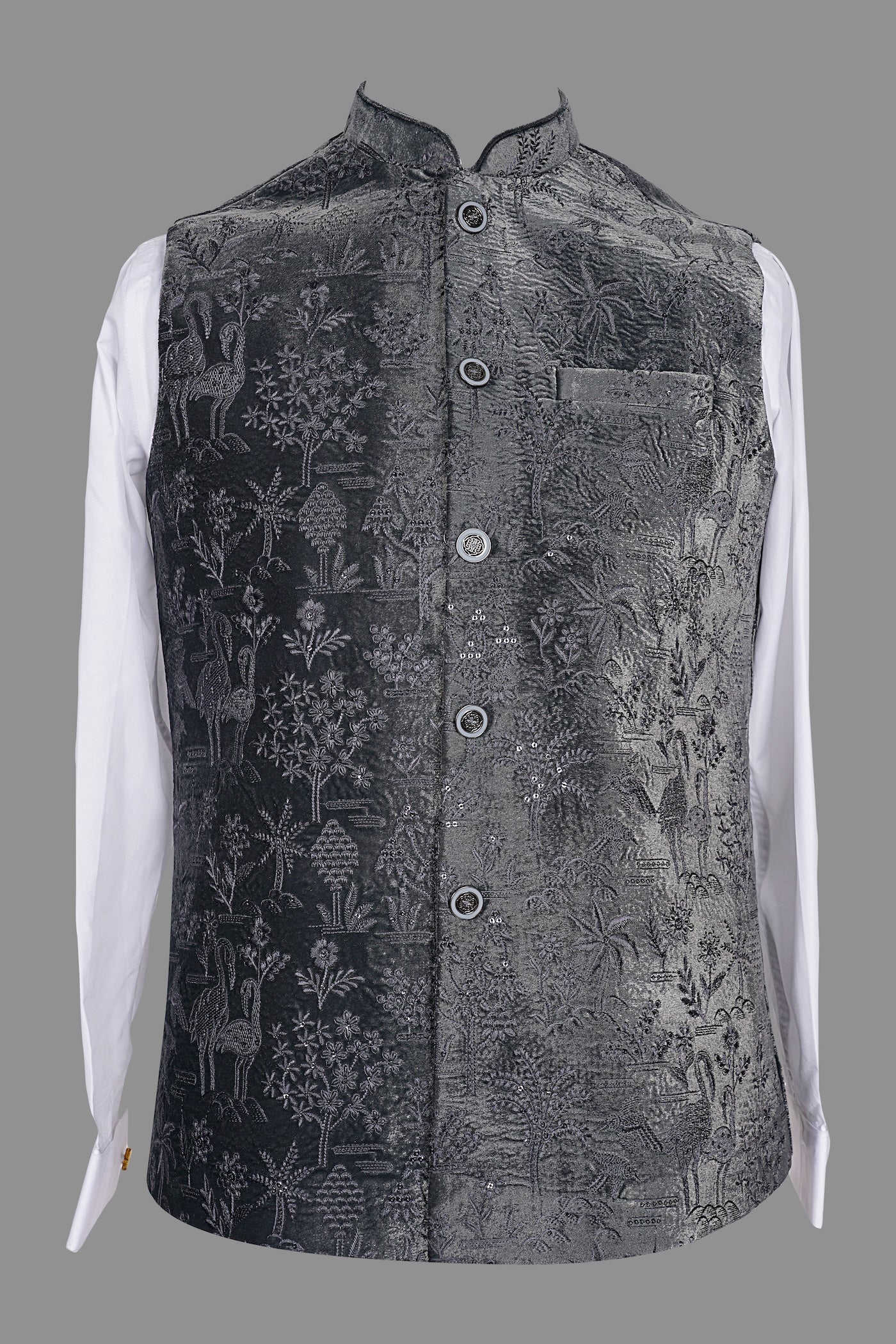 Men's Black Sequin Embroidered Nehru Jacket | Wedding Vest