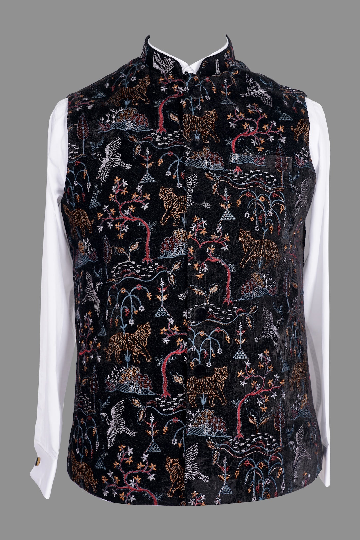Men's Black Velvet Nehru Jacket Tiger Bird Embroidery