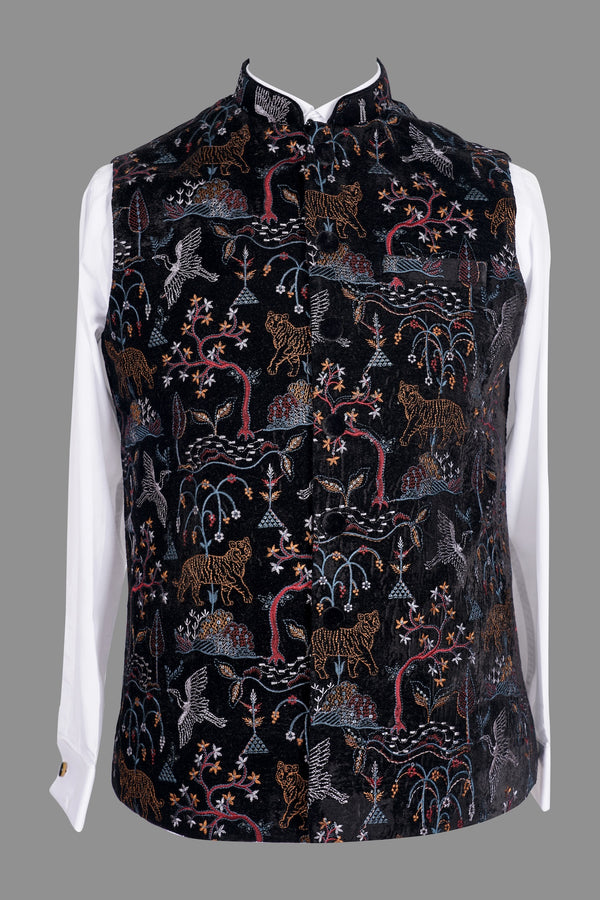 Black Velvet Embroidered Nehru Jacket - Architectural Patchwork Motifs