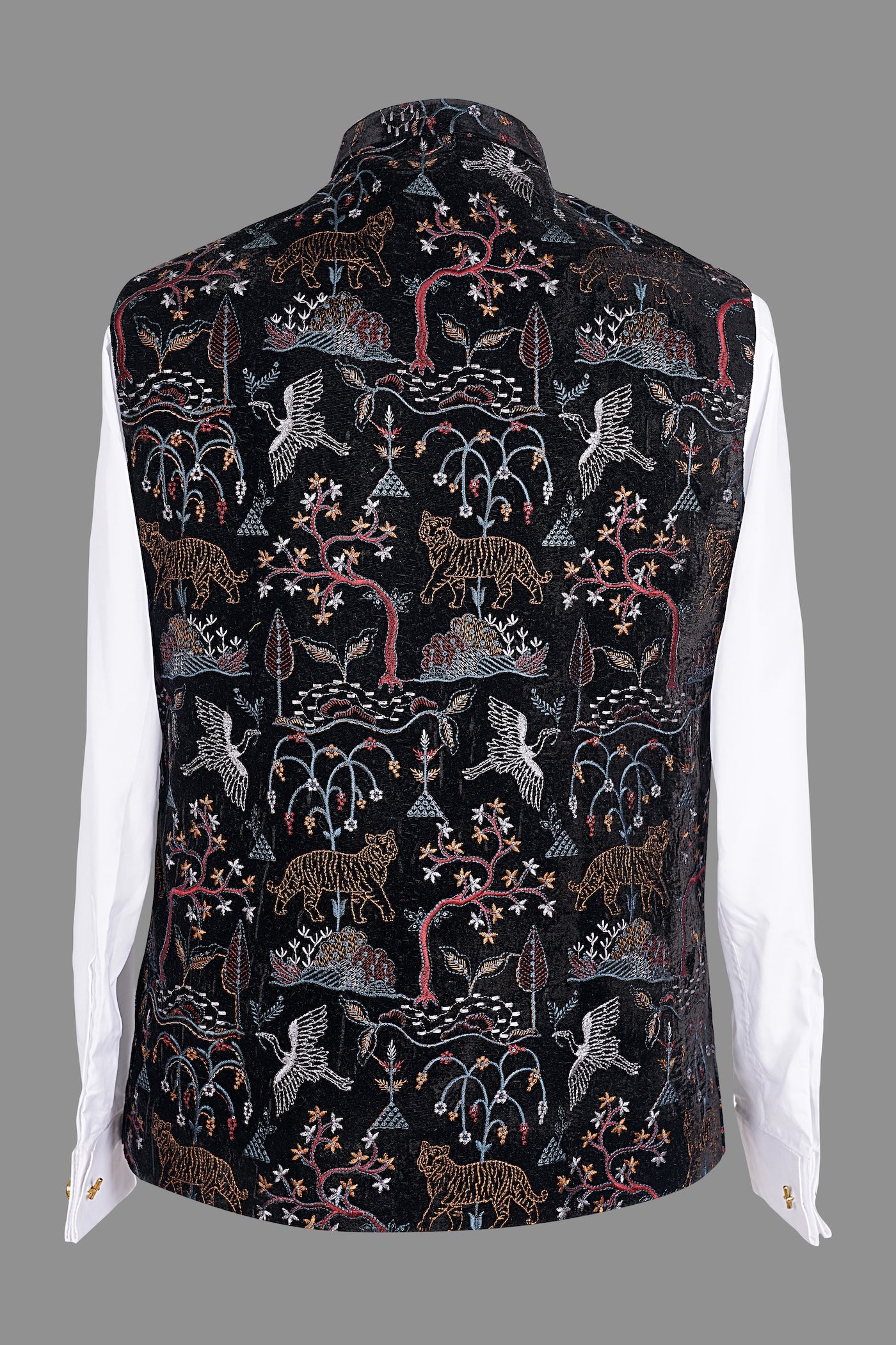 Men's Black Velvet Nehru Jacket Tiger Bird Embroidery