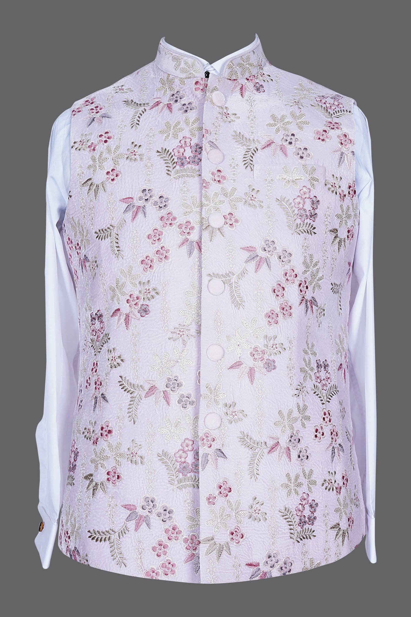 Lavender Floral Embroidered Nehru Jacket for Men | Wedding Modi Waistcoat