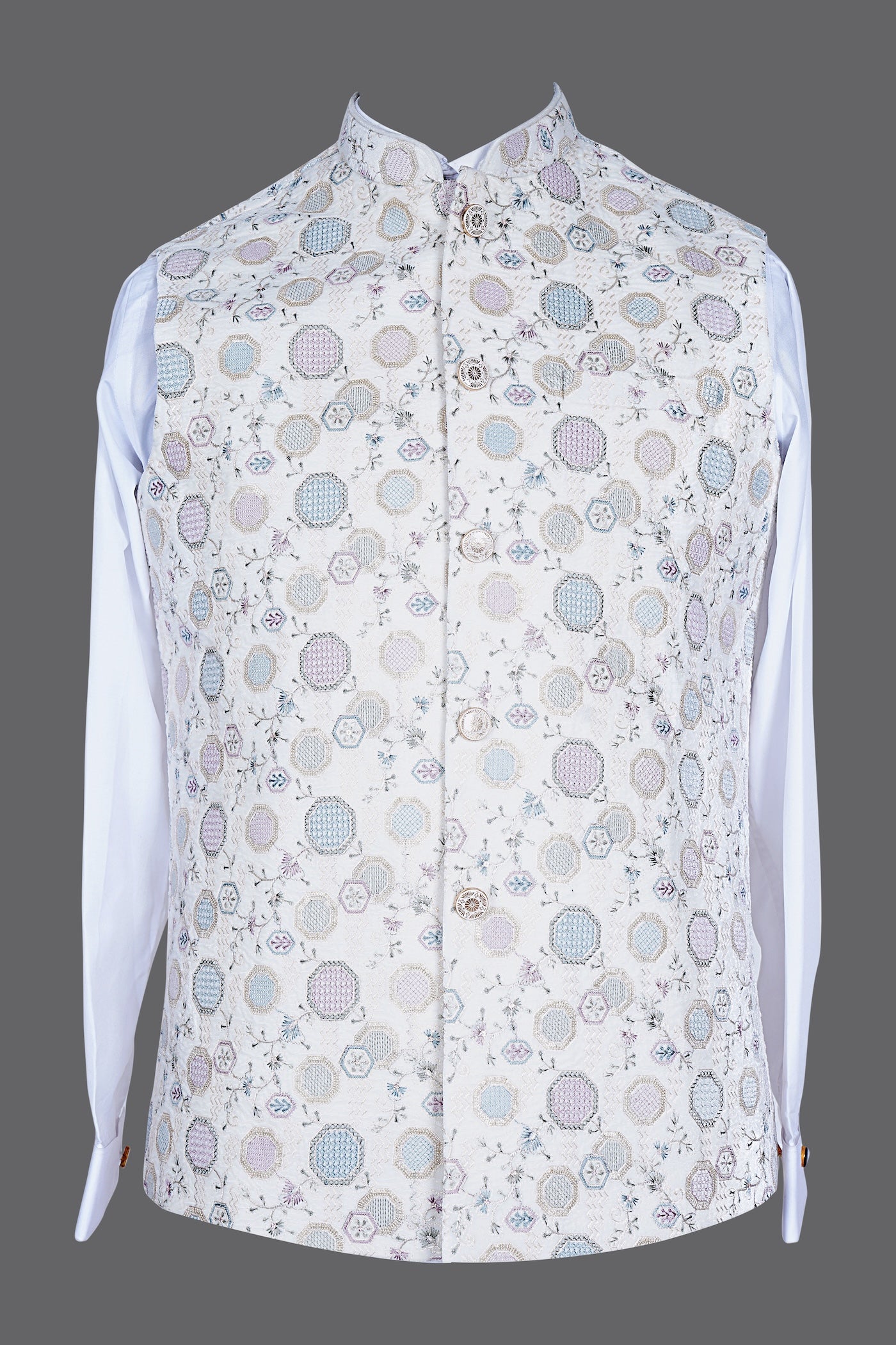 Cream Geometric Pastel Nehru Jacket for Men | Wedding Modi Waistcoat