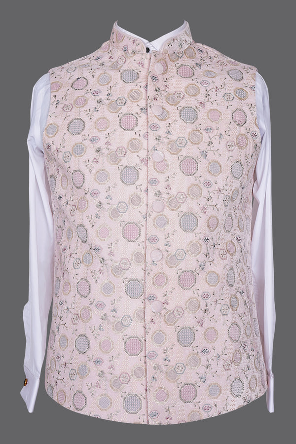Pastel Pink Geometric Brocade Nehru Jacket for Men | Wedding Modi Waistcoat