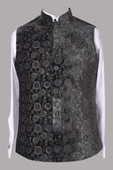 Black Velvet Geometric Brocade Nehru Jacket for Men | Wedding Modi Waistcoat