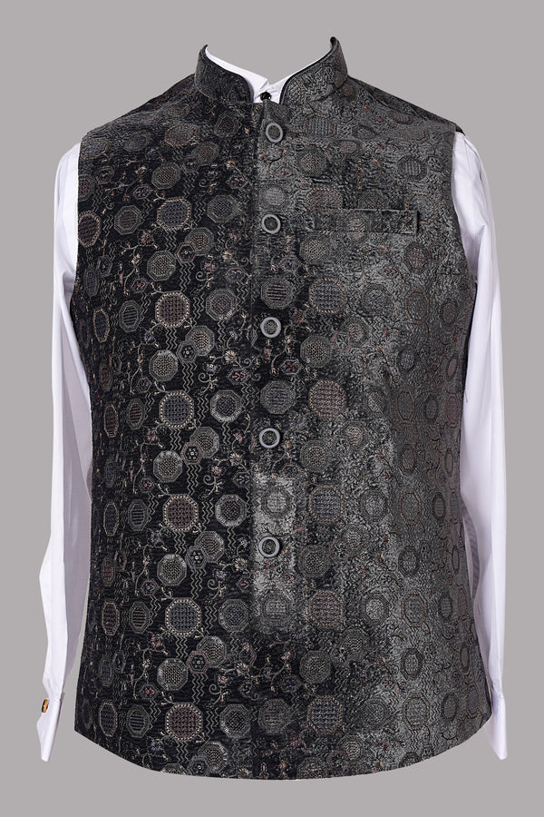 Black Velvet Geometric Brocade Nehru Jacket for Men | Wedding Modi Waistcoat