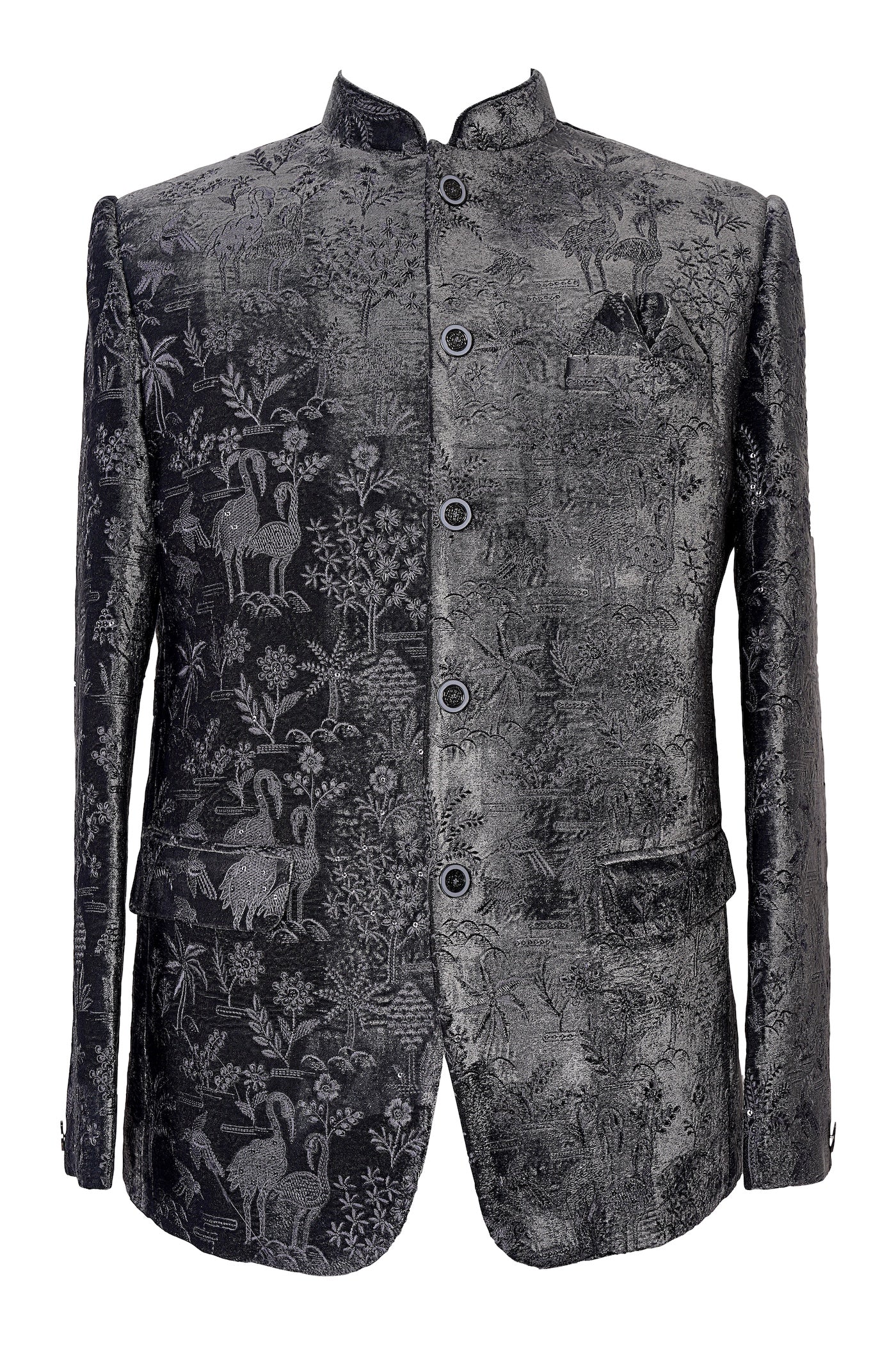 Black Velvet Embroidered Nehru Jacket with Crane Motifs | Wedding Sherwani