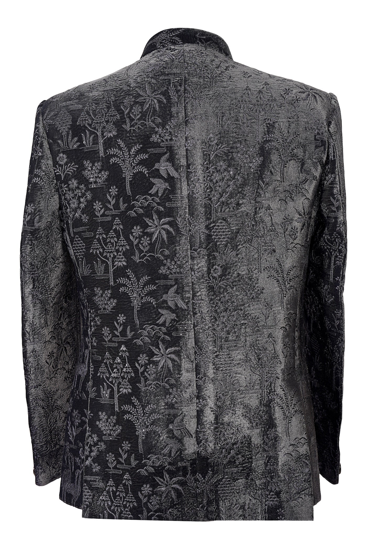 Black Velvet Embroidered Nehru Jacket with Crane Motifs | Wedding Sherwani