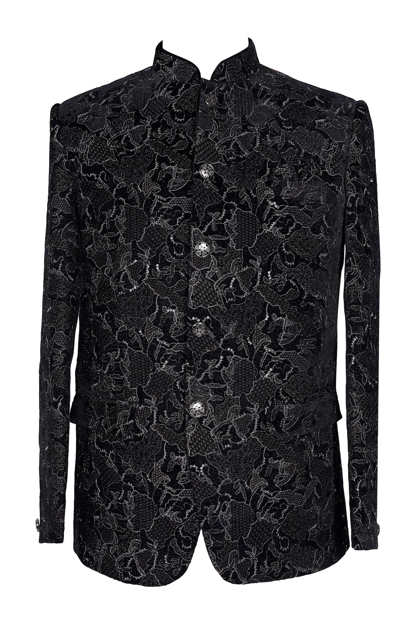 Black Velvet Floral Embroidered Nehru Jacket | Wedding Sherwani