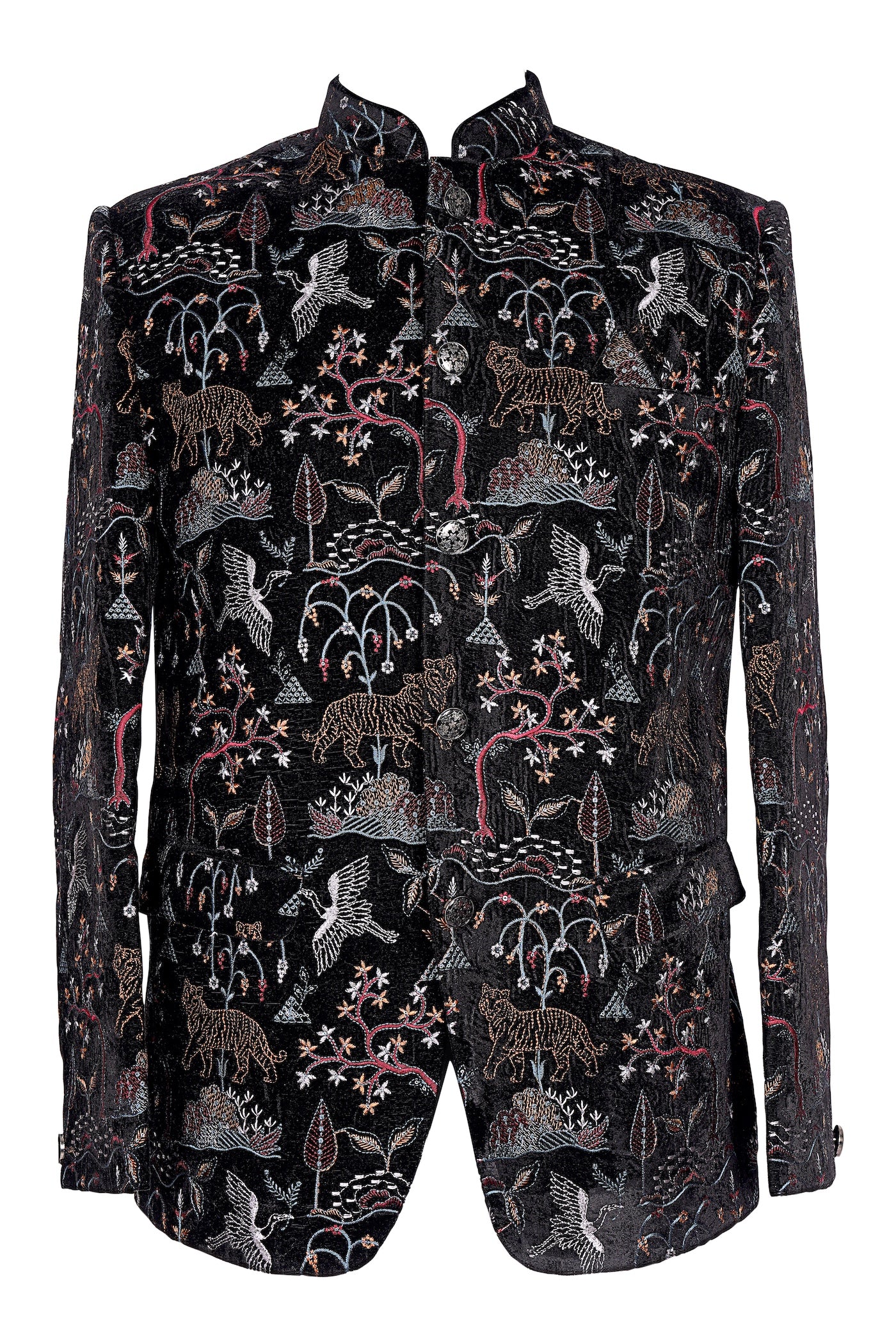 Black Velvet Embroidered Nehru Jacket Tiger & Bird Motifs | Wedding