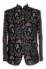 Black Velvet Embroidered Nehru Jacket Tiger & Bird Motifs | Wedding