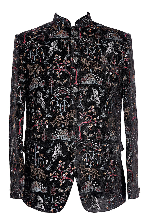 Black Velvet Embroidered Nehru Jacket Tiger & Bird Motifs | Wedding