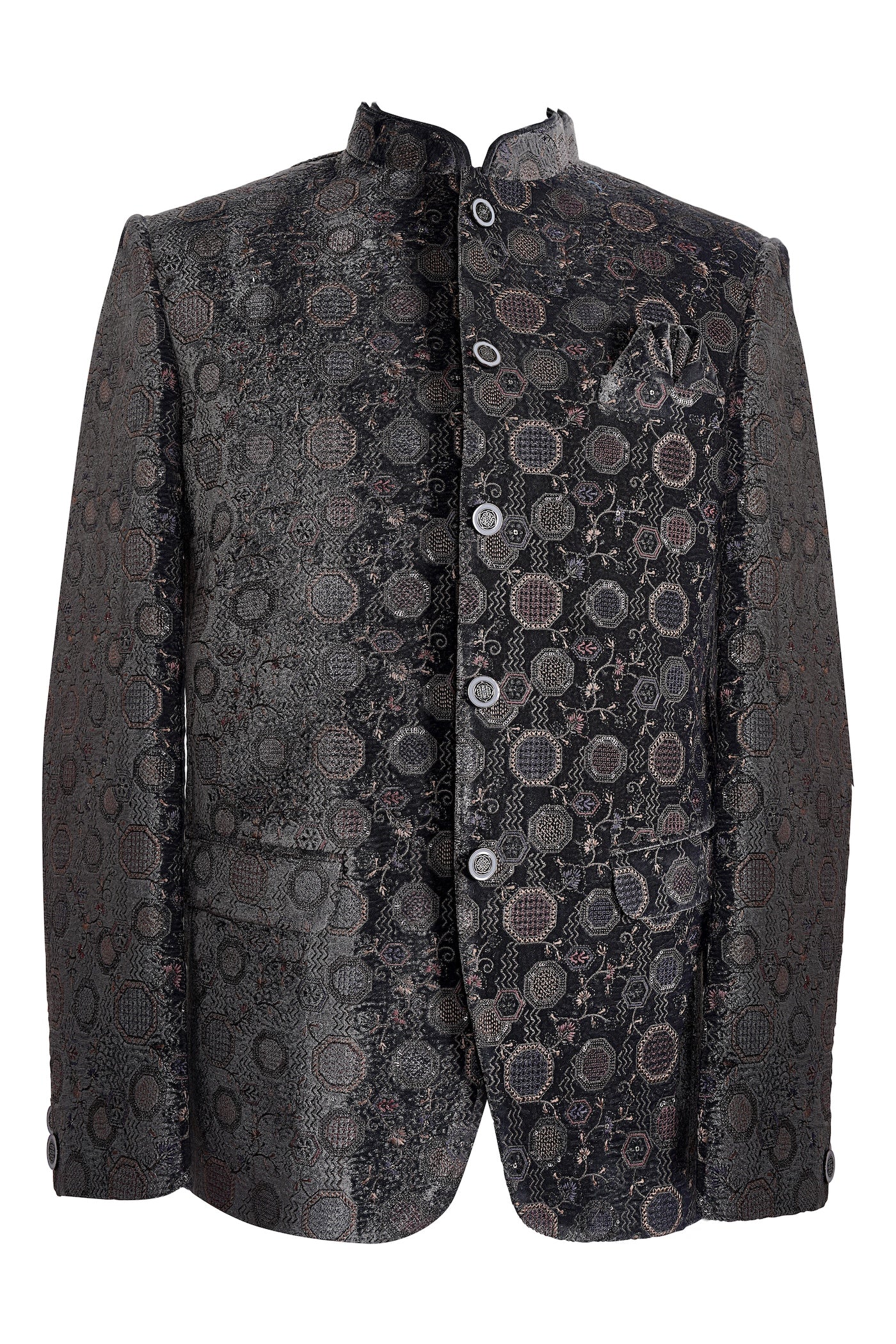 Black Velvet Geometric Brocade Nehru Jacket | Wedding Sherwani