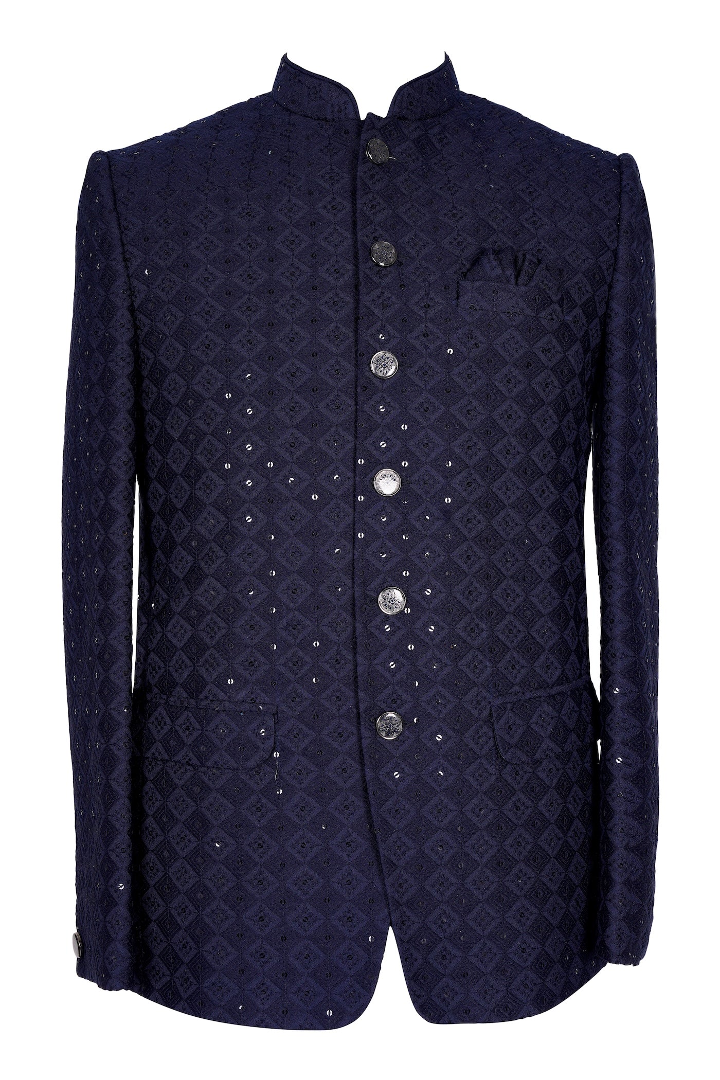 Navy Blue Velvet Sequin Nehru Jacket for Men | Wedding Sherwani