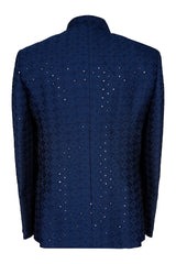Navy Blue Velvet Sequin Nehru Jacket for Men | Wedding Sherwani