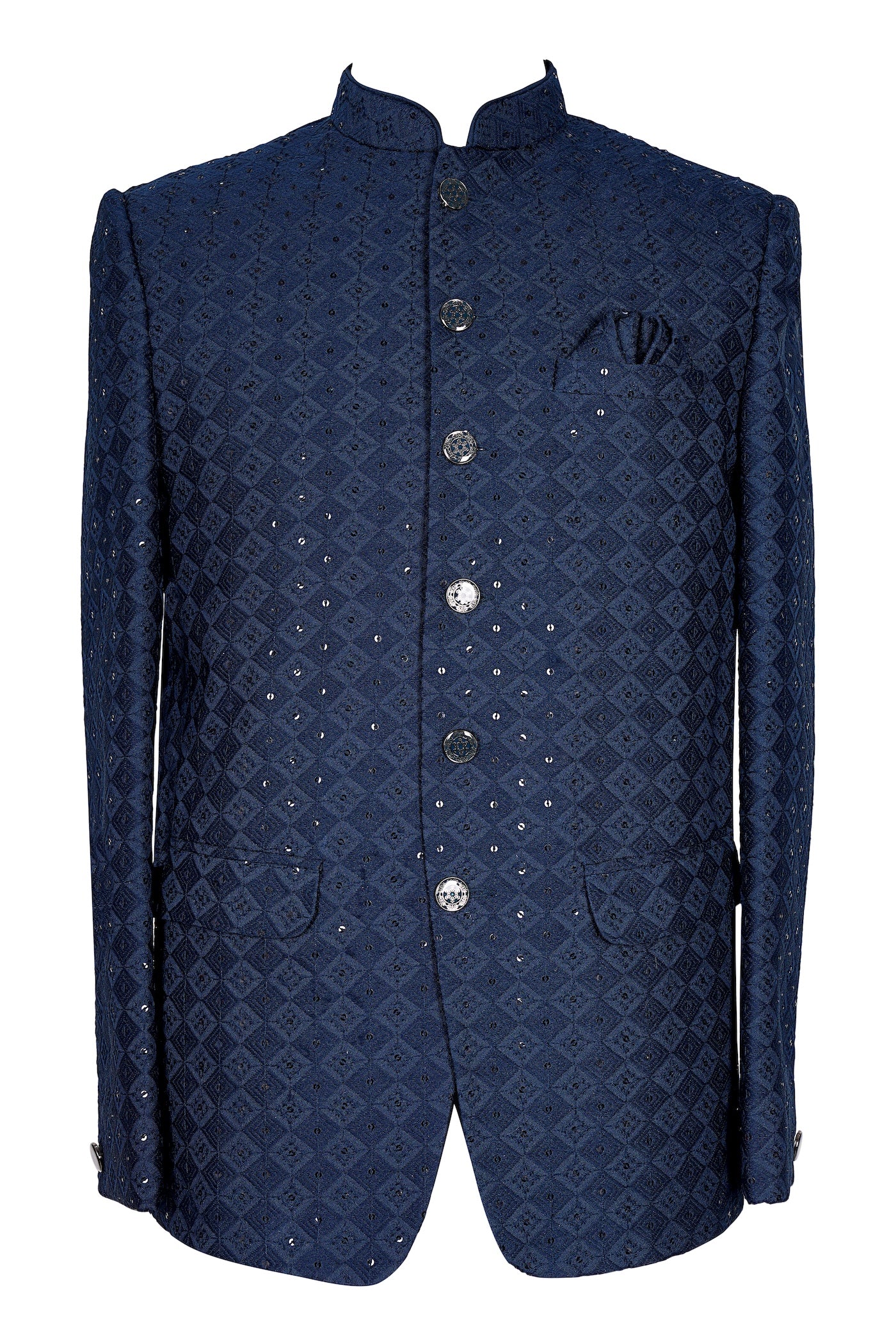 Navy Blue Velvet Sequin Nehru Jacket for Men | Wedding Sherwani