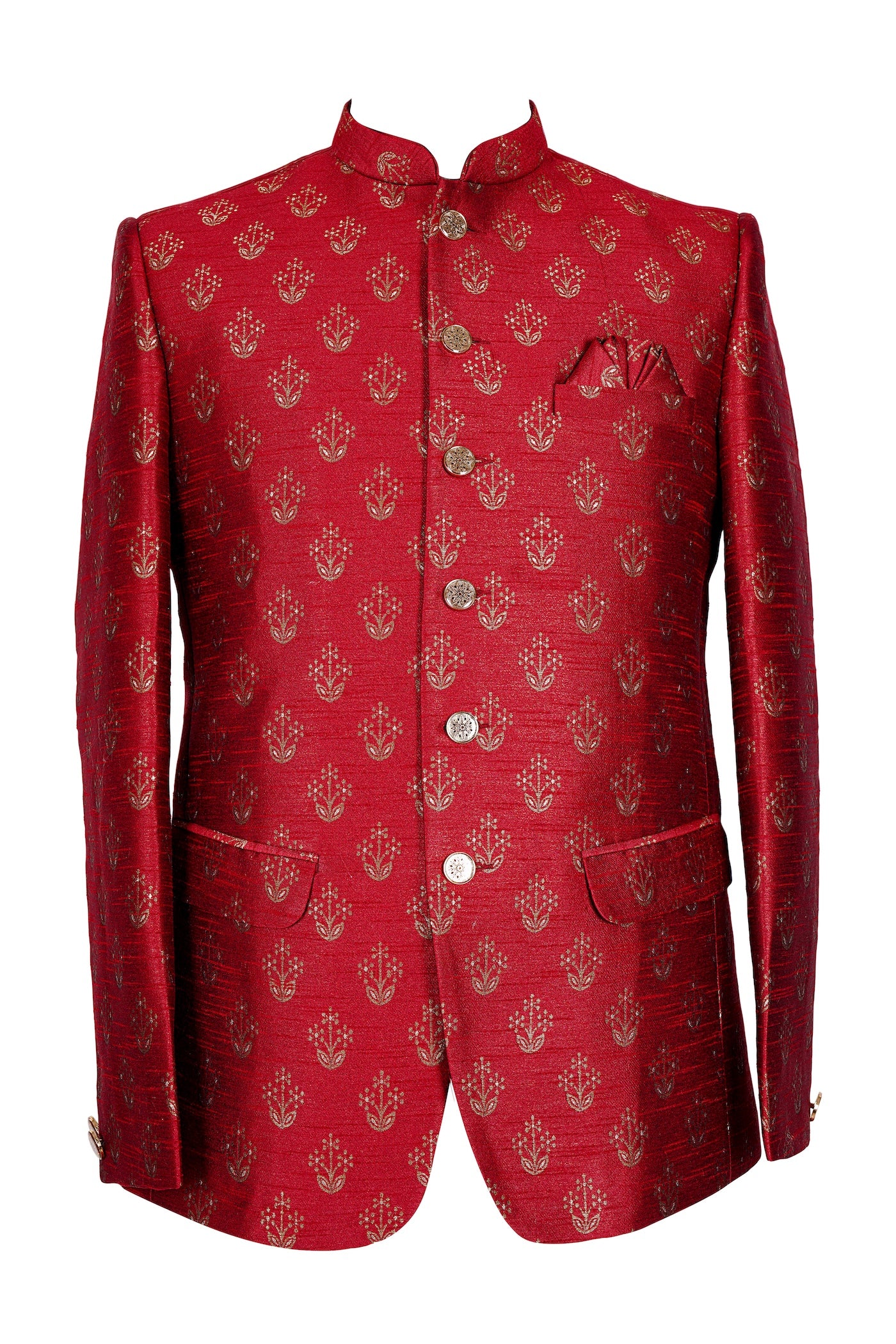 Red Gold Floral Nehru Jacket for Men | Wedding Sherwani Blazer