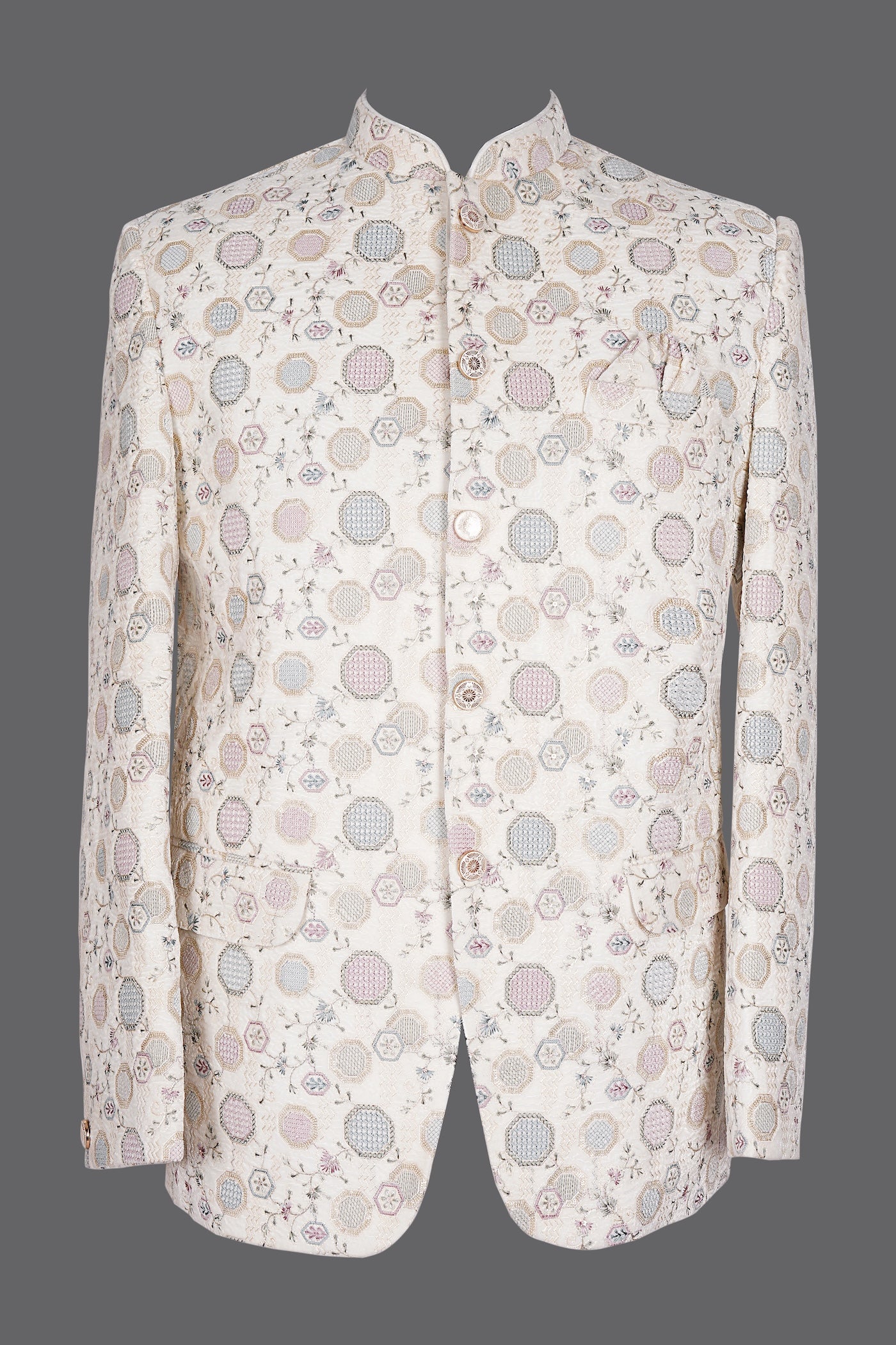 Ivory Pastel Geometric Nehru Jacket for Men | Wedding Sherwani