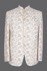 Ivory Pastel Geometric Nehru Jacket for Men | Wedding Sherwani
