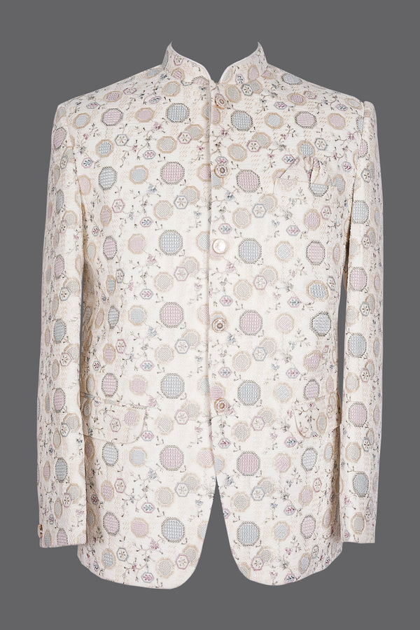 Ivory Pastel Geometric Nehru Jacket for Men | Wedding Sherwani
