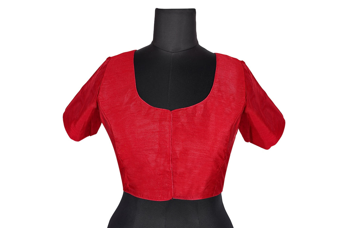 Red Silk Square Neck Blouse | Short Puff Sleeve Saree Choli