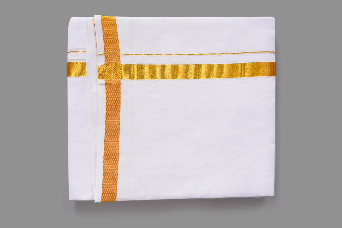 White Dhoti with Wide Golden Border | Wedding Ritual Veshti