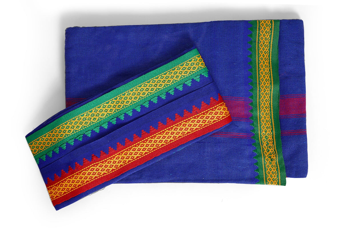 Blue Vastee with Multicolor Zari Border | Traditional Veshti