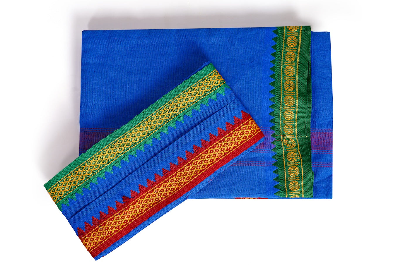 Blue Dhoti with Multicolor Zari Border | Traditional Veshti