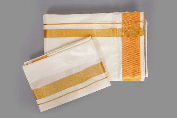 White Dhoti with Wide Gold Zari Border | Traditional Veshti